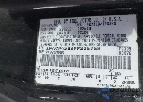 1993 Ford Mustang Gt/Cobra Gt from USA, damaged, VIN 1FACP45E3PF206768